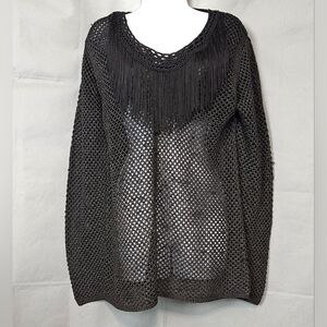Vintage upcycled BLACK boho sheer knit sweater with Fringe Crochet Neckline